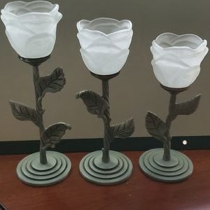 glass rose metal set 3 candle holder